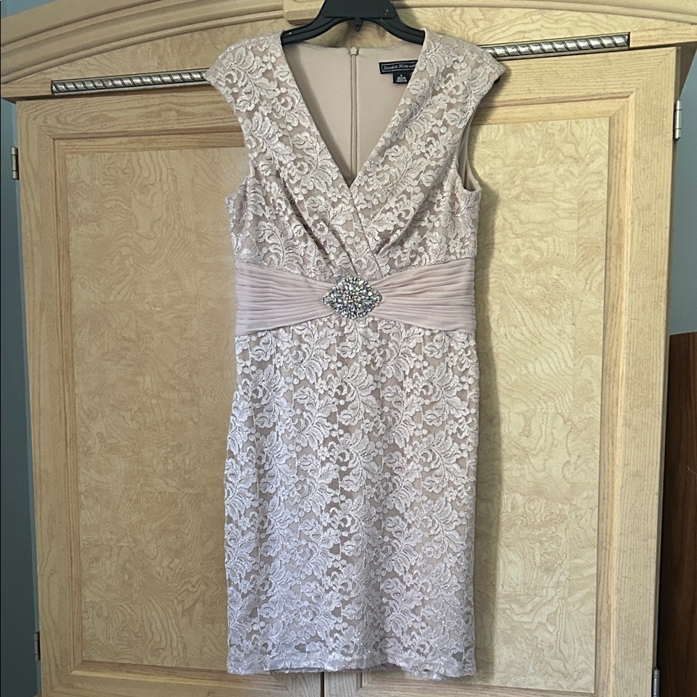 Jessica Howard Blush Lace Midi Dress with Embellished Waist
